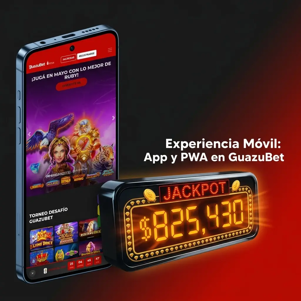 Interfaz móvil de GuazuBet en smartphone con acceso a casino y apuestas deportivas vía PWA